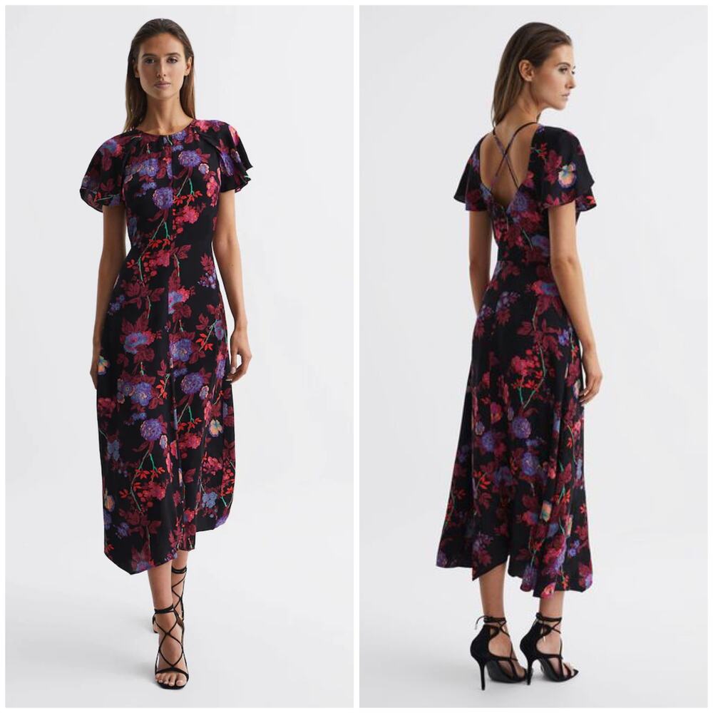 NEW Reiss Leni Floral Print Midi Dress Black Pink